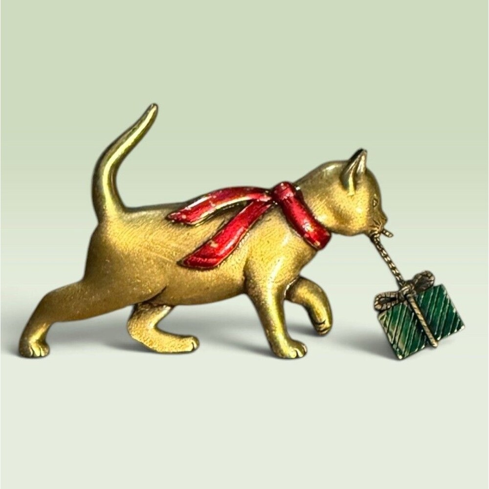 Vintage JJ Cat Brooch Red Scarf Green Present Christmas Holiday Pin Signed MCM